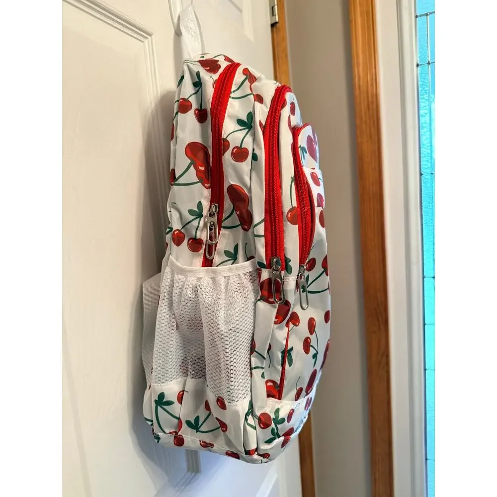 New white backpack cherry pattern.Padded back,multiple pockets,adjustable straps
